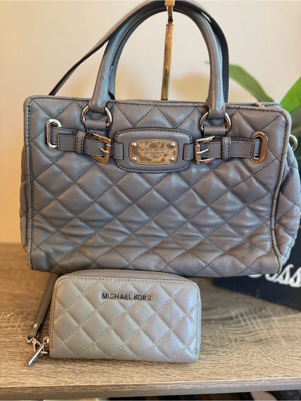 Michael Kors Quilted Satchel and Wallet Set in Gray